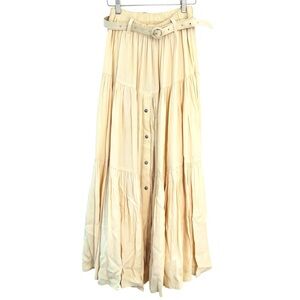 Desert West Vintage Butter Yellow Tiered Broomstick Maxi Skirt S/M Button Belt